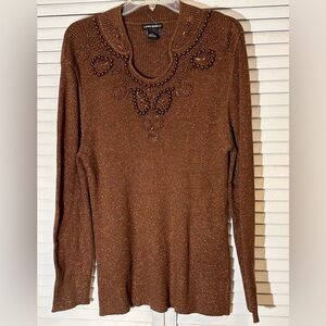 Lauren Michelle Warm Brown Beaded Pullover Sweater Size XL